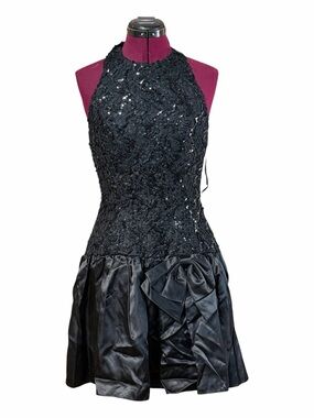 Scarlett Nite Black Embellished Sequin Halter Satin Mini Dress 80’s Prom